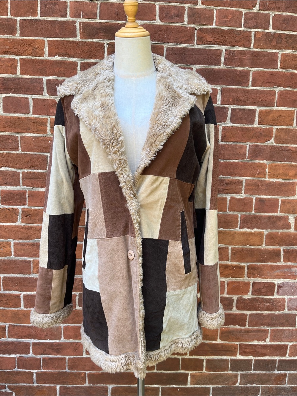 Y2K Penny Lane Style Patchwork Multicoloured Brown Faux-Shearling Coat